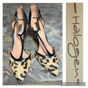 🦋Halogen Tan Leopard Print Calf Hair T-Strap Heels “Hamelissa”🦋